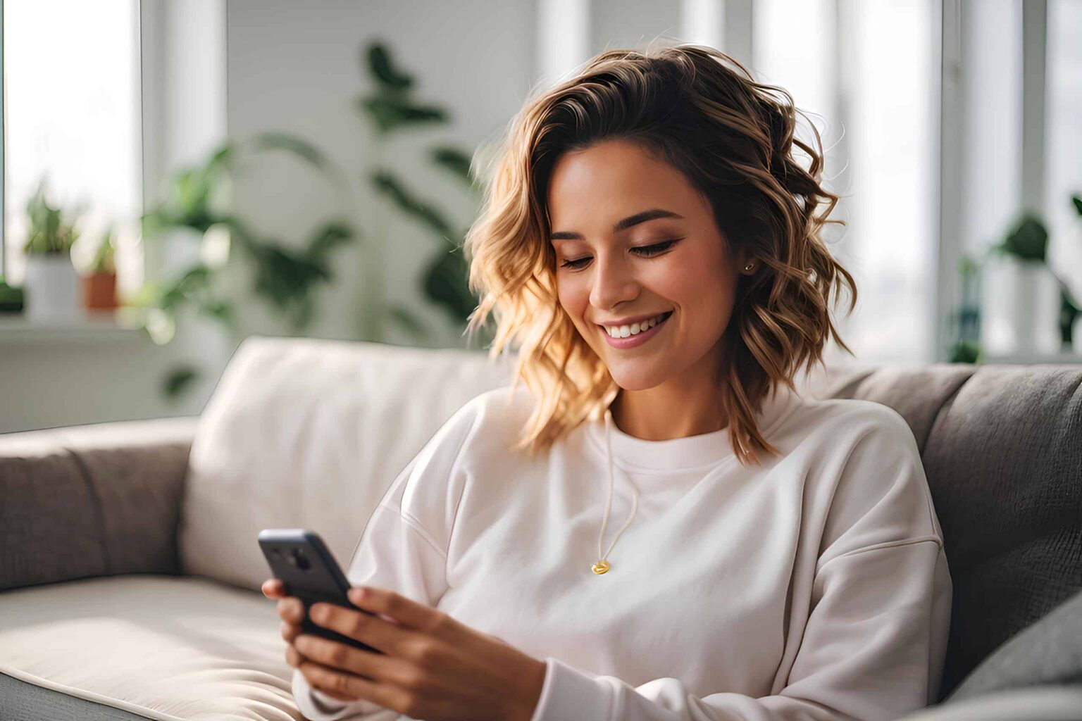 A smiling girl is sitting on the sofa with a phone in her hands.
